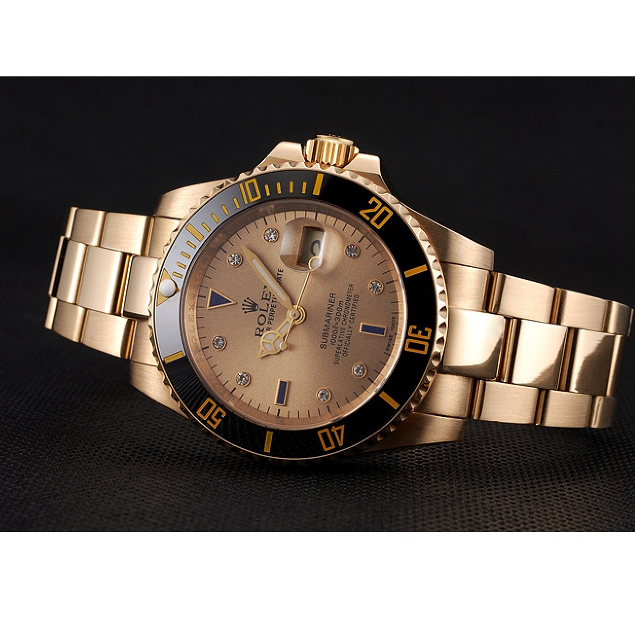 MiroTime 0810 Swiss Rolex Submariner Gold Dial With Diamond Markings Black Bezel Yellow Gold Case And Bracelet